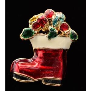 Vintage Christmas Pin Brooch Stocking Santa Claus Boot Red Enamel Floral BinAL